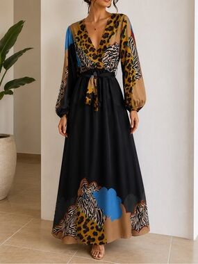 LBD Mixed Animal Print Maxi Dress in Black and Mustard